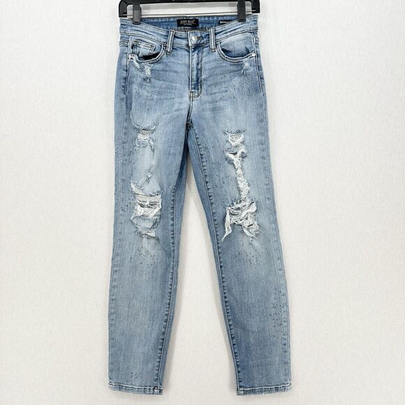 Judy Blue Jeans Womens 3 26 Boyfriend Blue Denim Rainbow Paint Splatter Distress - Picture 1 of 13